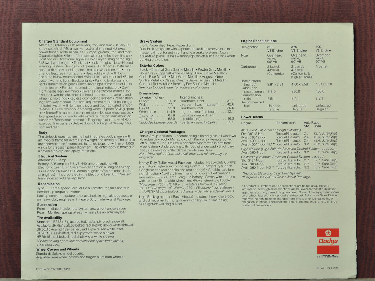1978 dodge charger se brochure specifications engine options