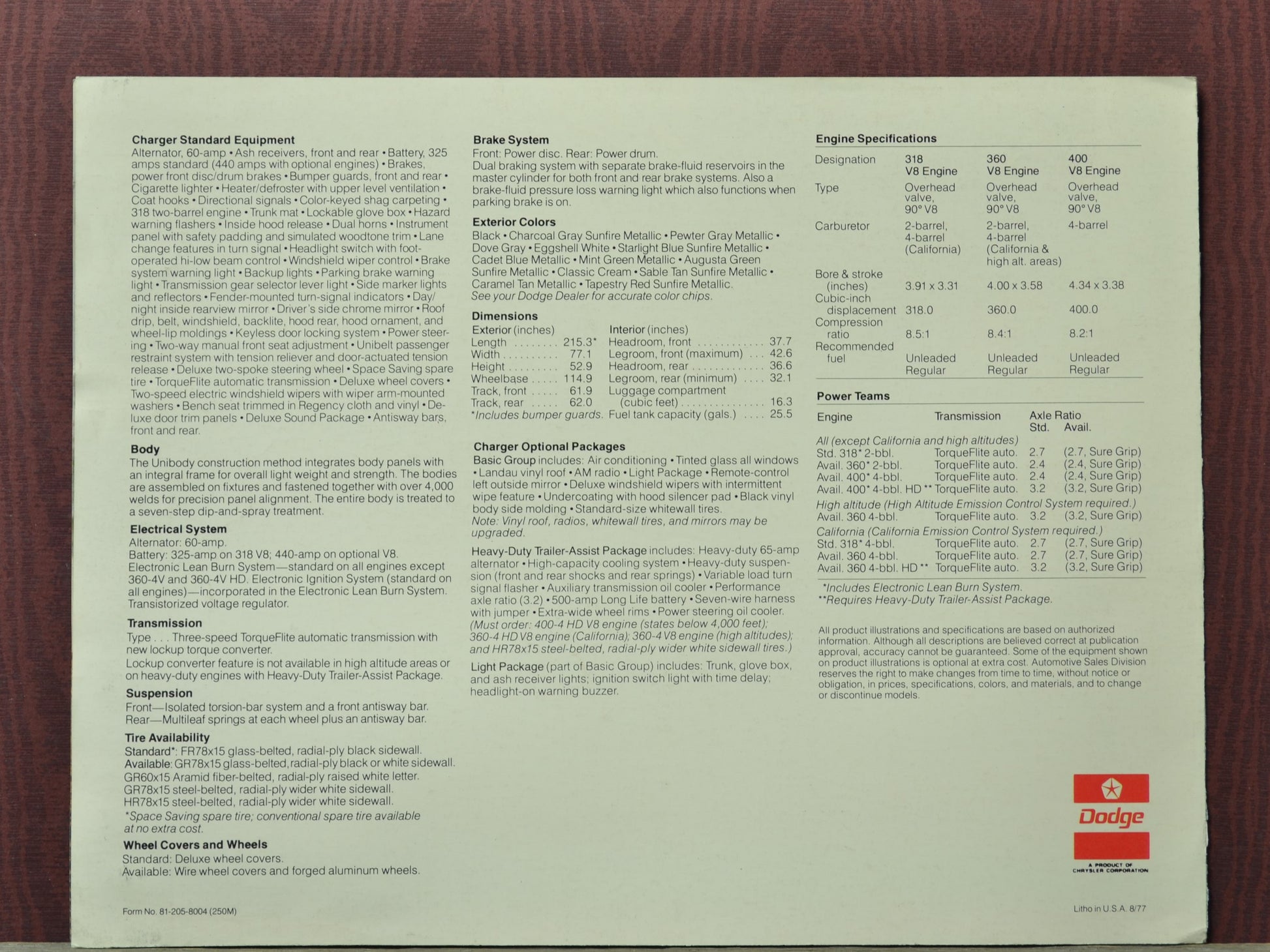 1978 dodge charger se brochure specifications engine options