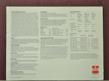 1978 dodge charger se brochure specifications engine options