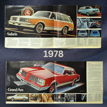 A detailed look at Pontiac's Safari station wagons and the Grand Am, featuring full-page illustrations of each model with specifications and close-up interior shots.