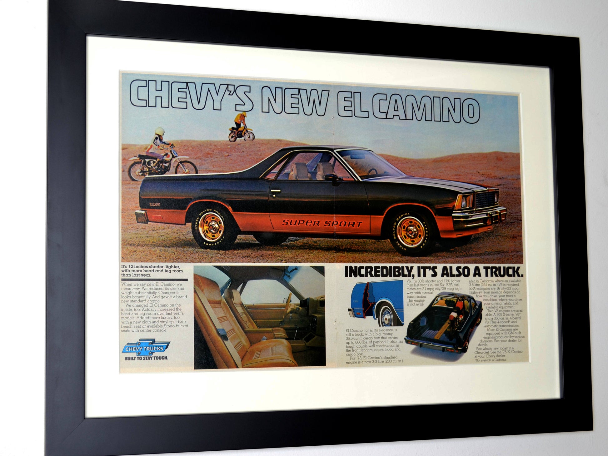 Side view of 1978 Chevy El Camino SS framed vintage print ad featuring the Super Sport package, classic styling, and Chevrolet truck heritage.