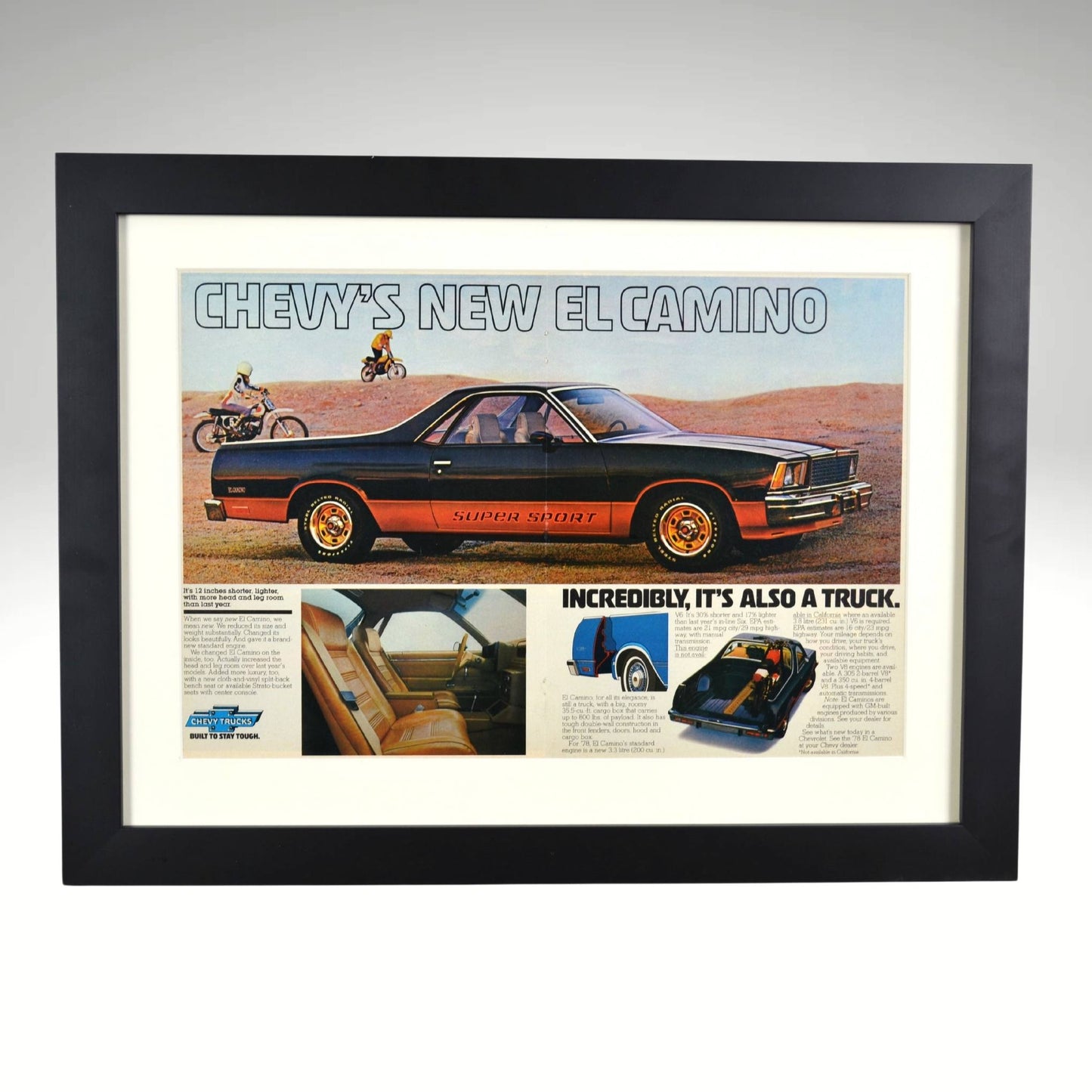 1978 Chevy El Camino SS framed vintage print ad featuring the Super Sport package, classic styling, and Chevrolet truck heritage.