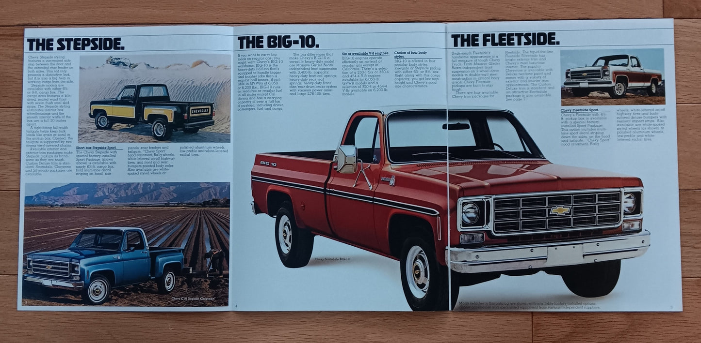 Brochure page with images and descriptions of different 1978 chevy truck models 