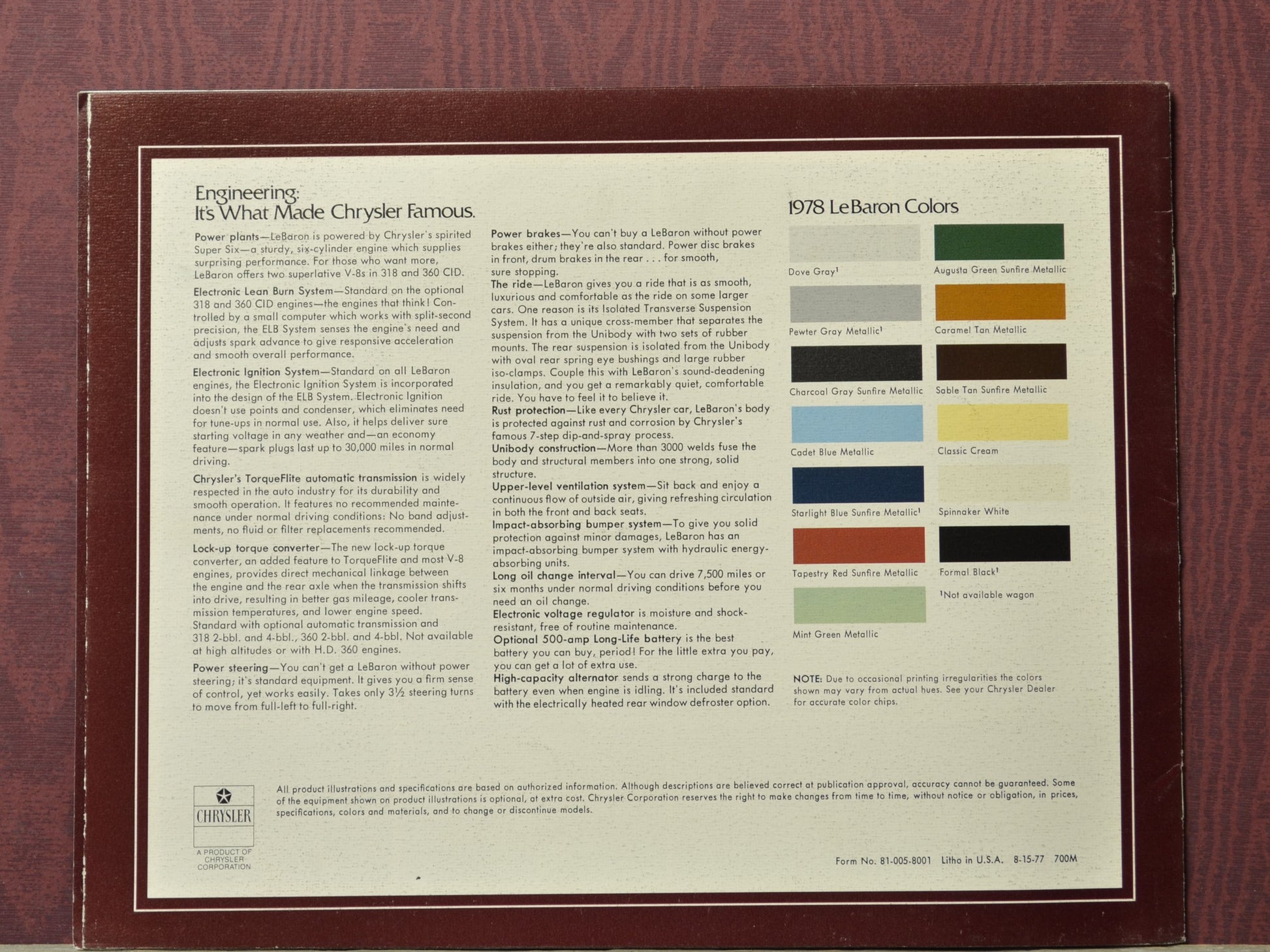 Color swatch chart for 1978 Le Baron colors on a maroon background