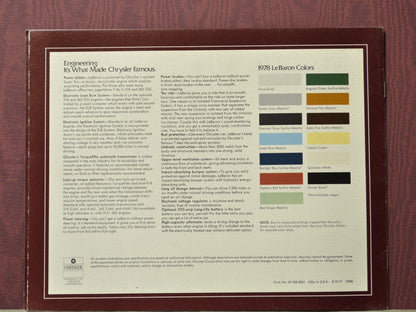 Color swatch chart for 1978 Le Baron colors on a maroon background