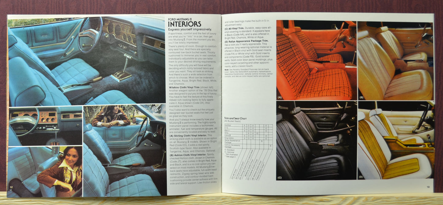 Full-color spread showcasing the 1978 ford mustang interiors