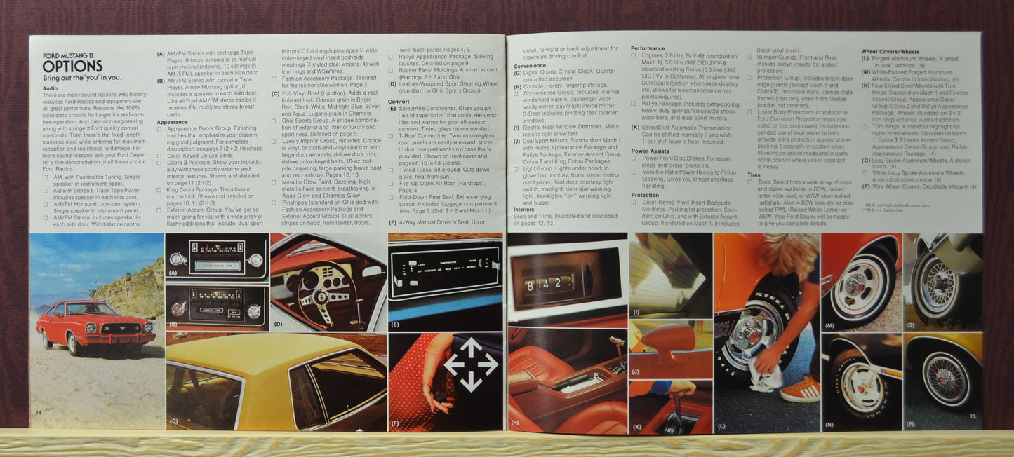 Full-color spread showcasing the  key options and features for 1978 mustang.