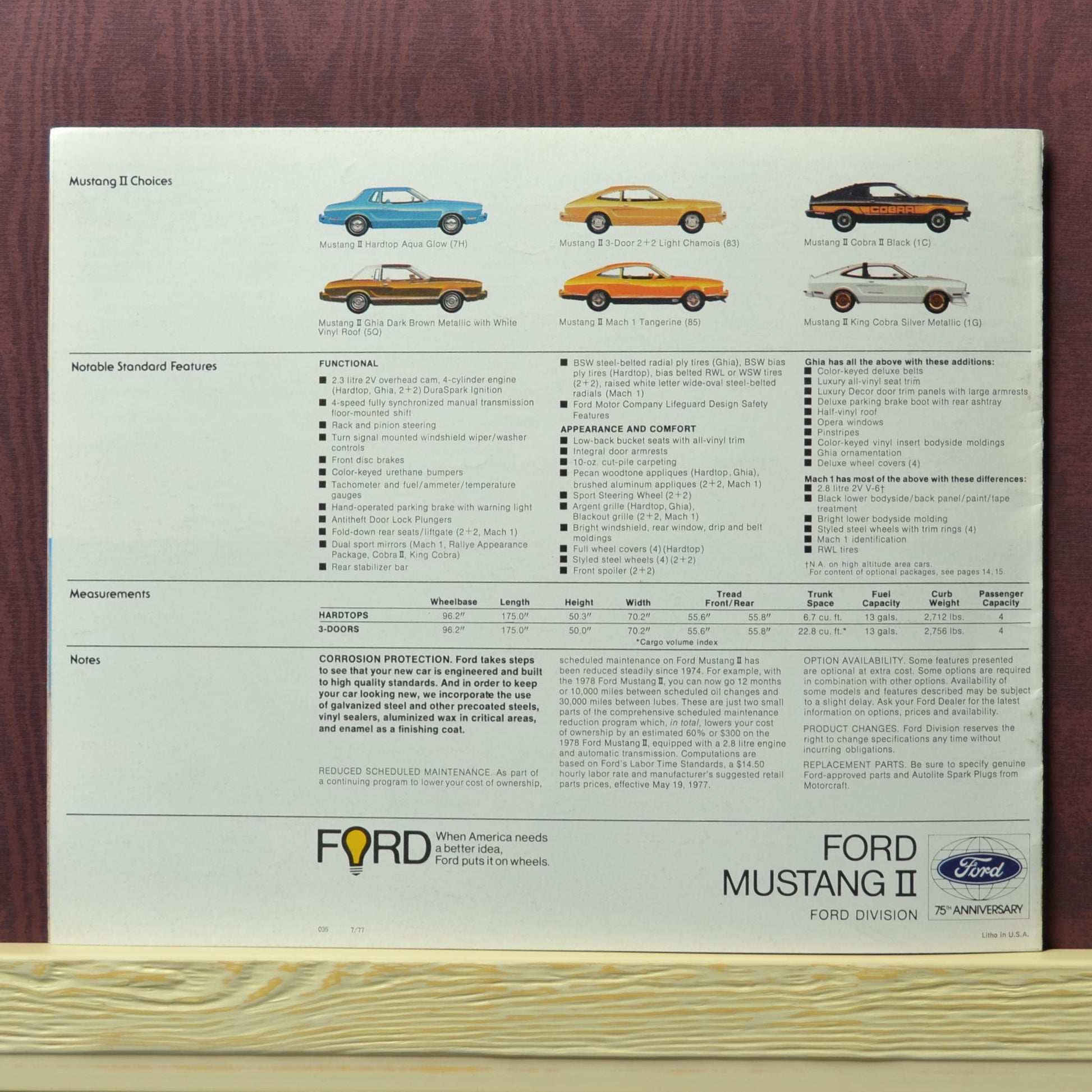 The final page of the brochure showing various Mustang II trim options, color selections, and notable features