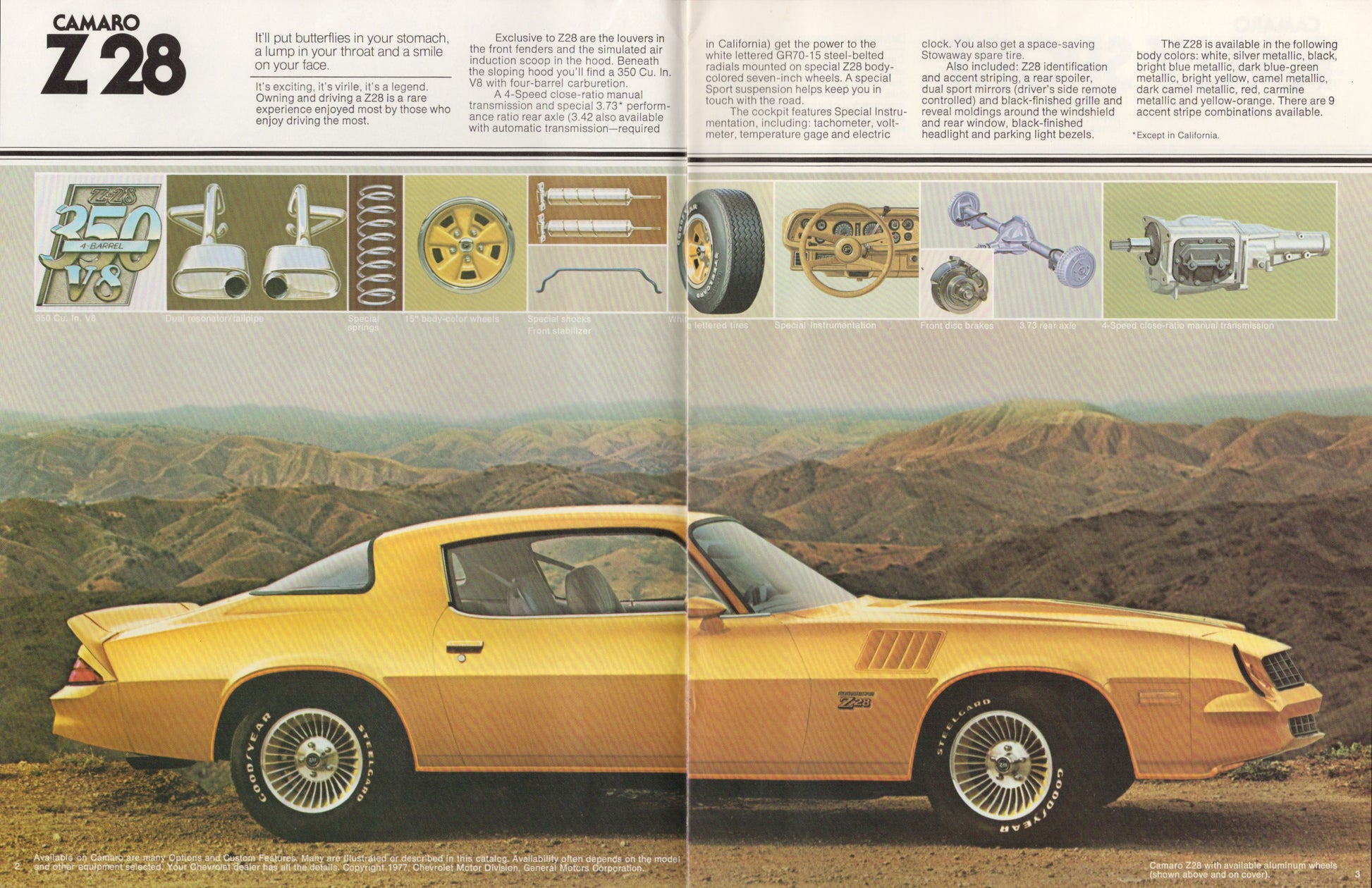 Vintage advertisement for a yellow Camaro Z28 with technical illustrations on a mountainous landscape background.