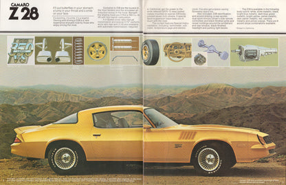 Vintage advertisement for a yellow Camaro Z28 with technical illustrations on a mountainous landscape background.