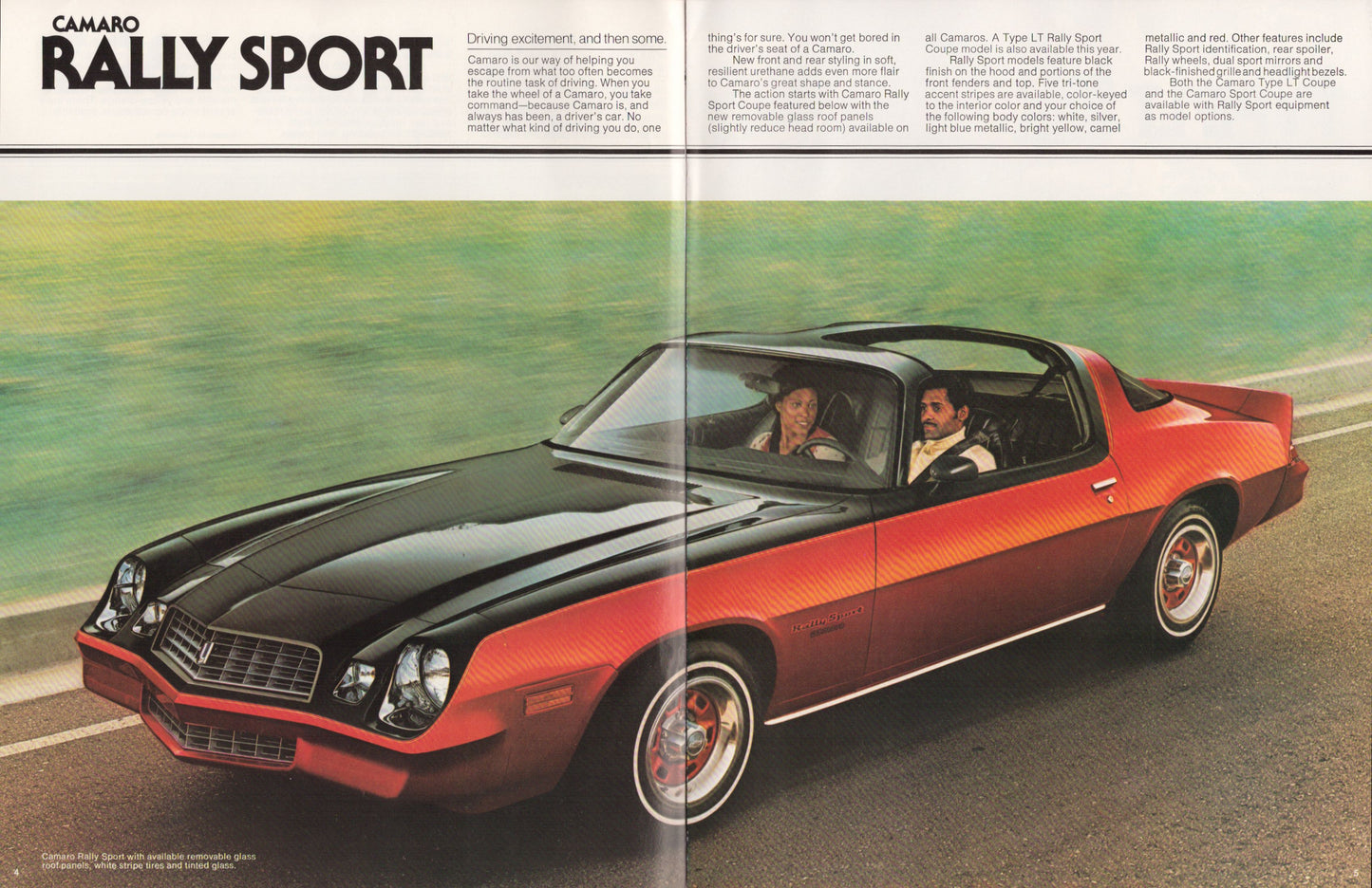 1970s Chevrolet Camaro Rally Sport on a road with text and graphics.