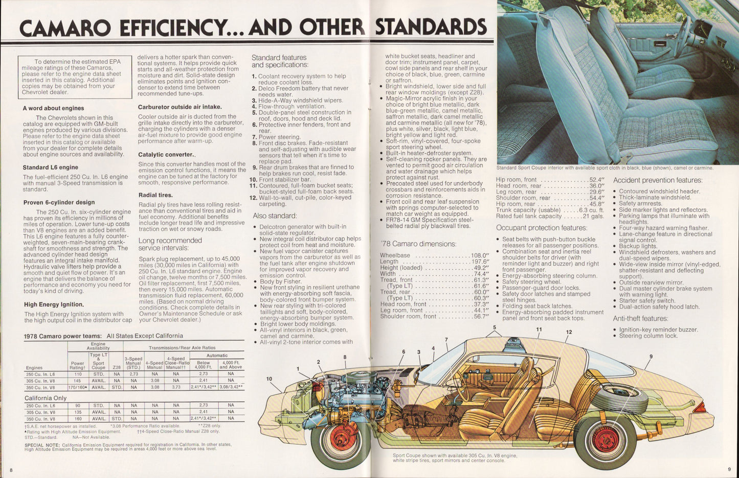 Brochure page about Camaro efficiency and other standards with car cutaway illustration.