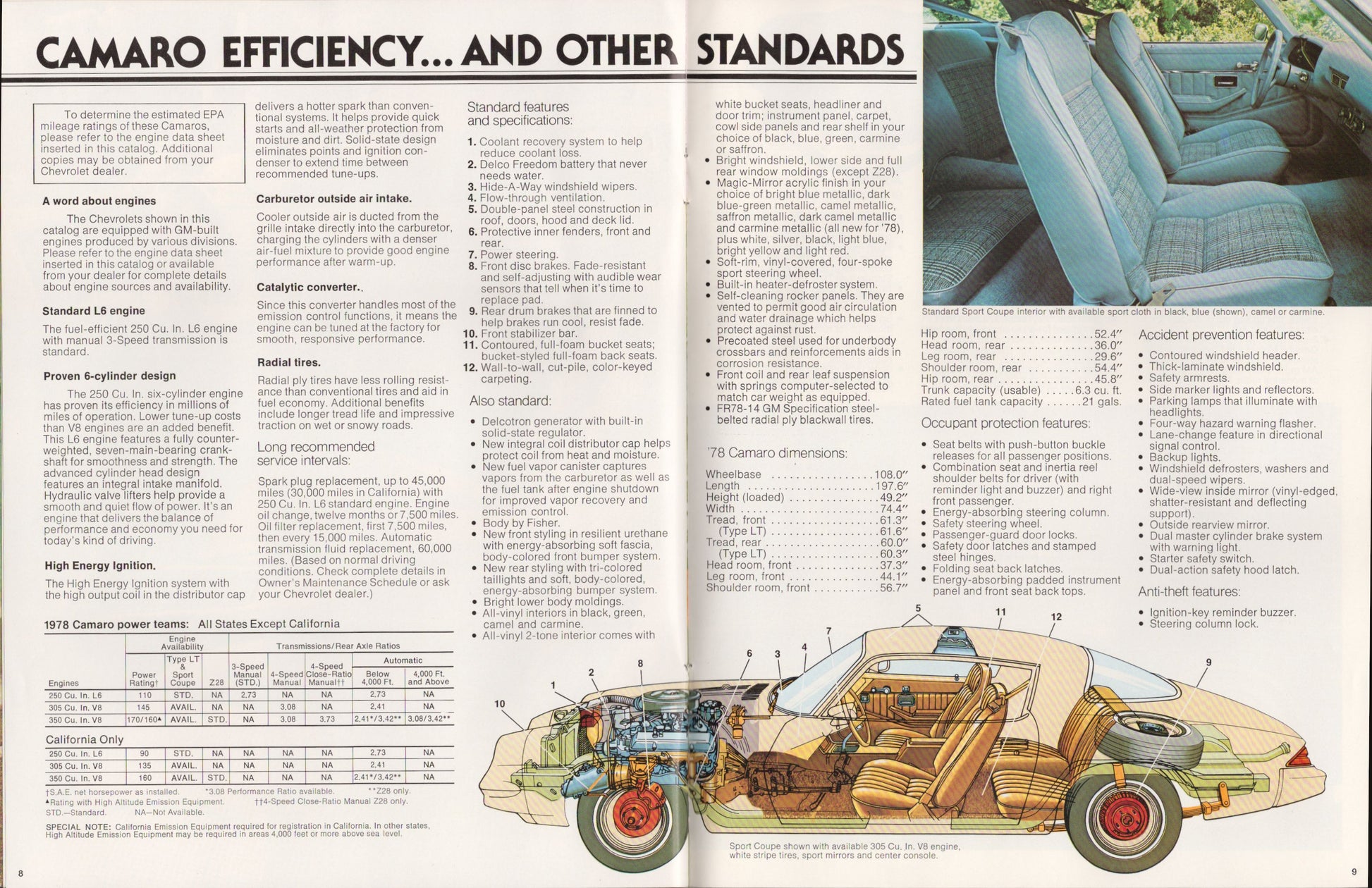 Brochure page about Camaro efficiency and other standards with car cutaway illustration.