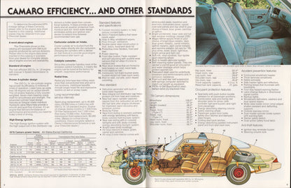 Brochure page about Camaro efficiency and other standards with car cutaway illustration.