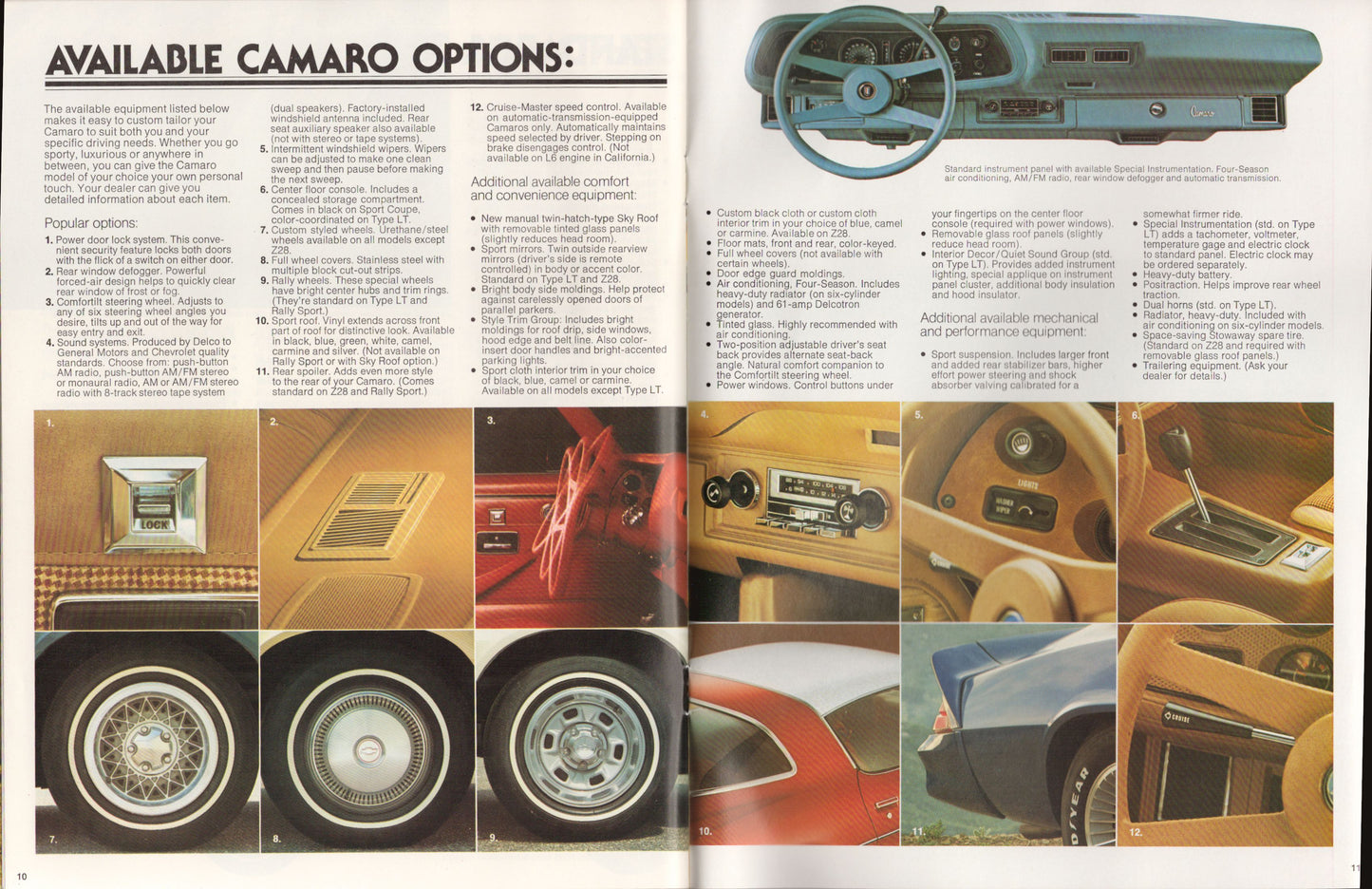Brochure page showing available Camaro options with text and car interior images.