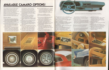 Brochure page showing available Camaro options with text and car interior images.