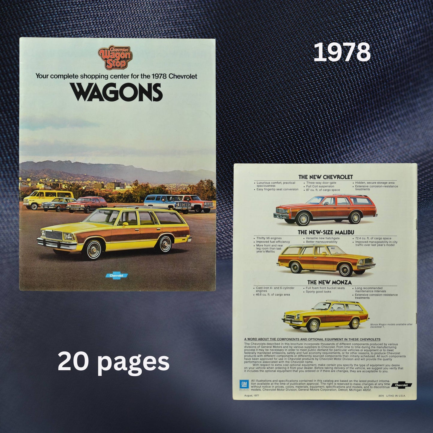 The front cover showcases a yellow and brown Chevrolet wagon at a dealership lot with other models in the background. The back cover displays information on the new Chevrolet, Malibu, and Monza wagons, including design changes and specifications.