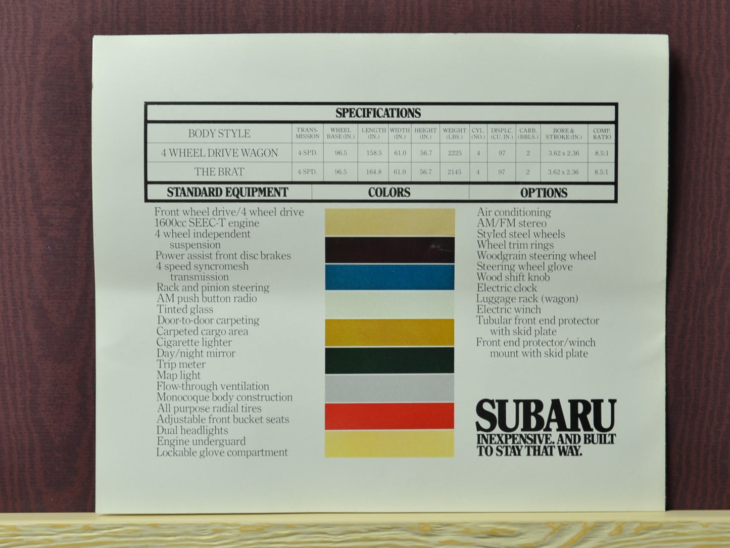 1978 Subaru 4WD Wagon & Brat Sales Brochure - Original Dealer Literature back page