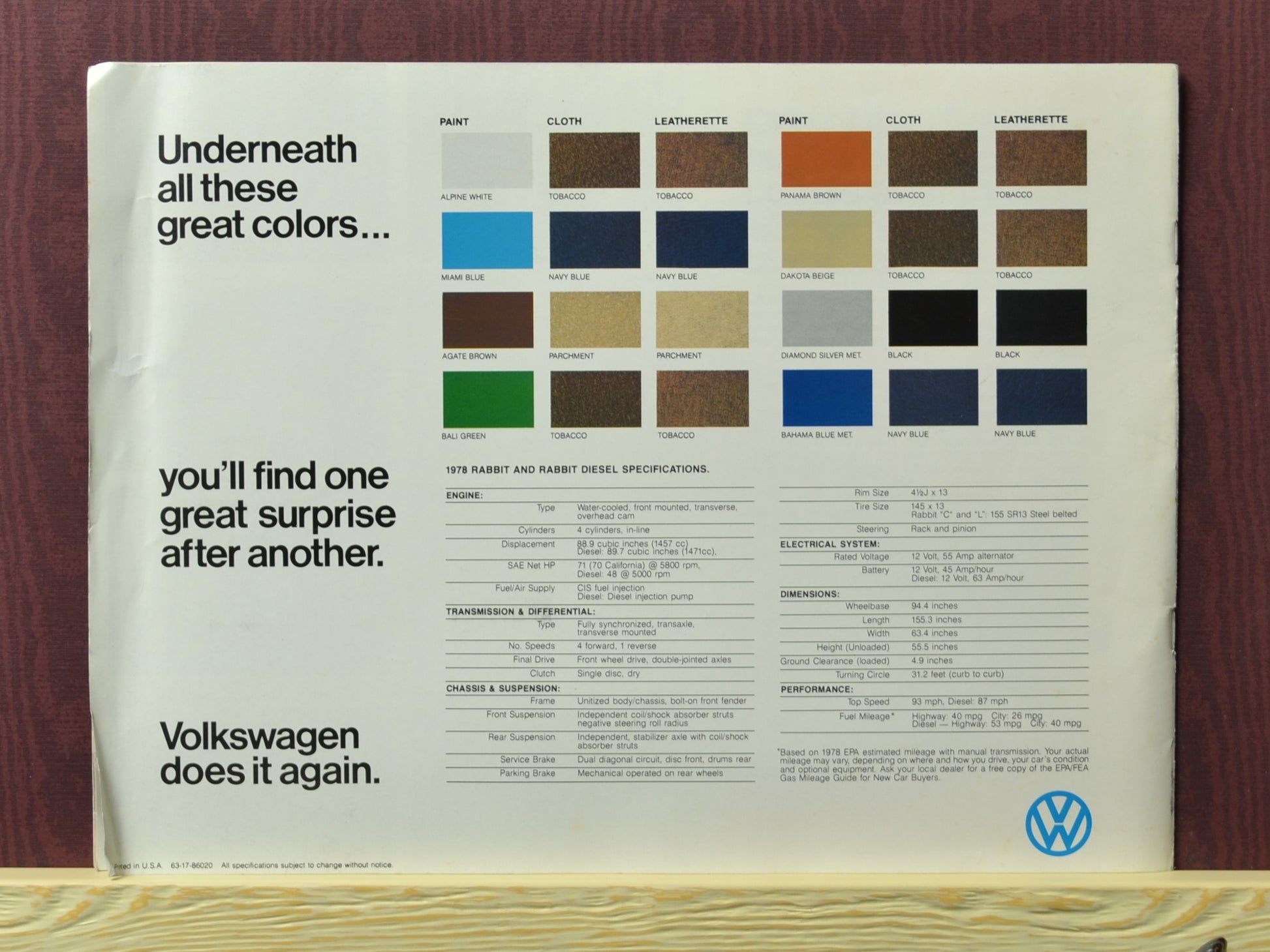 1978 Volkswagen Rabbit Dealer Brochure - Classic Automotive Literature, colors