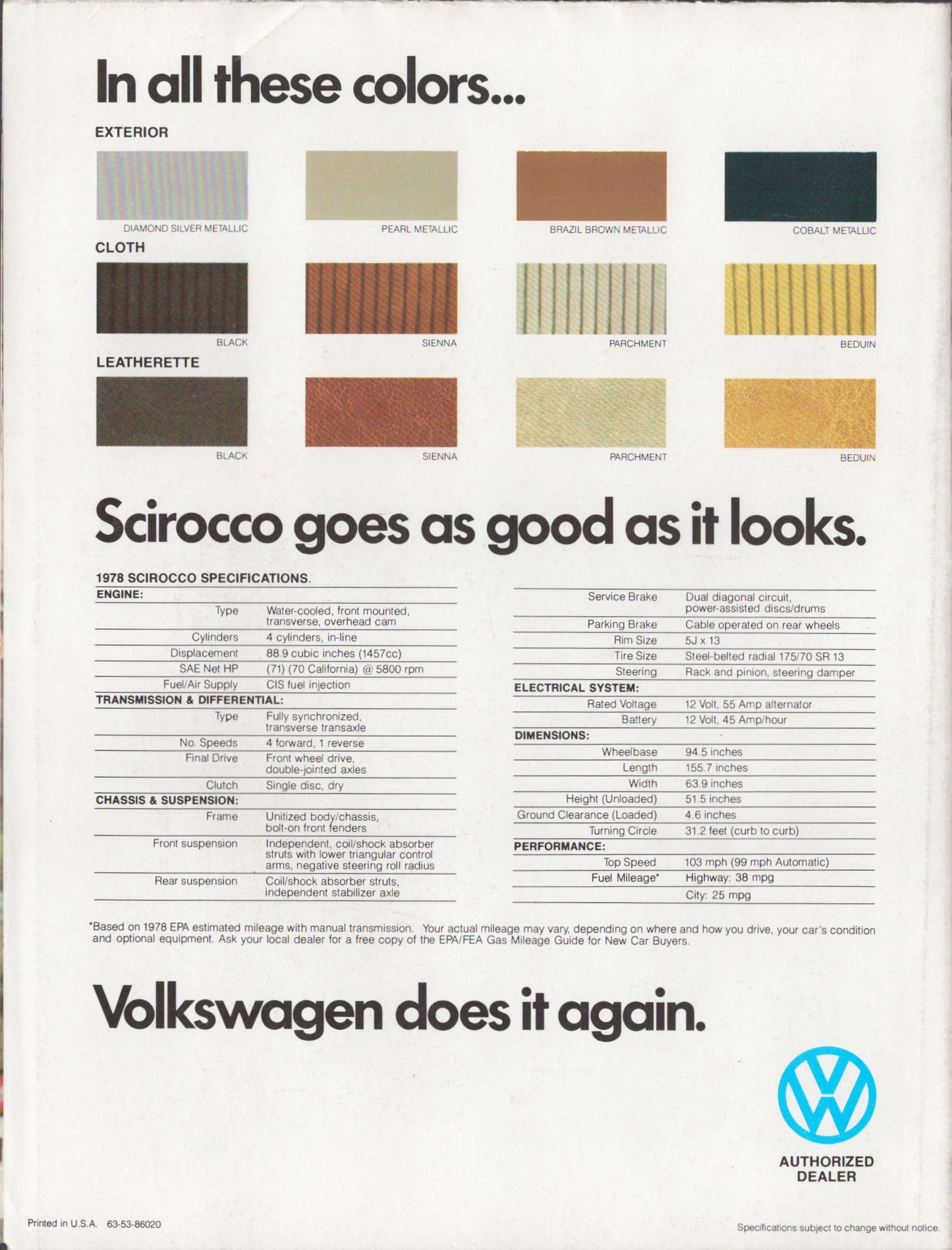 Volkswagen Scirocco color options and specifications on a white background