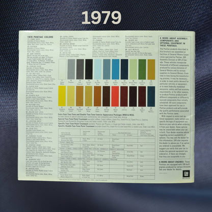 Back cover of the 1979 Pontiac dealer brochure featuring factory color options and technical specifications