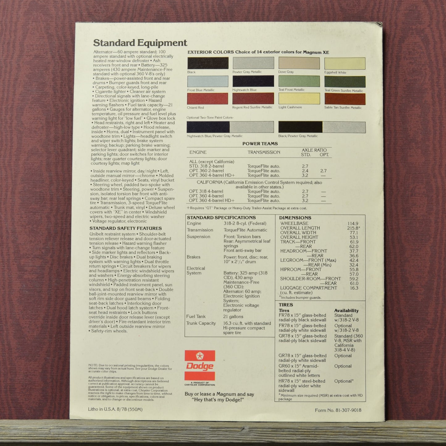 1979 Dodge Magnum XE brochure back page vehicle specification sheet 