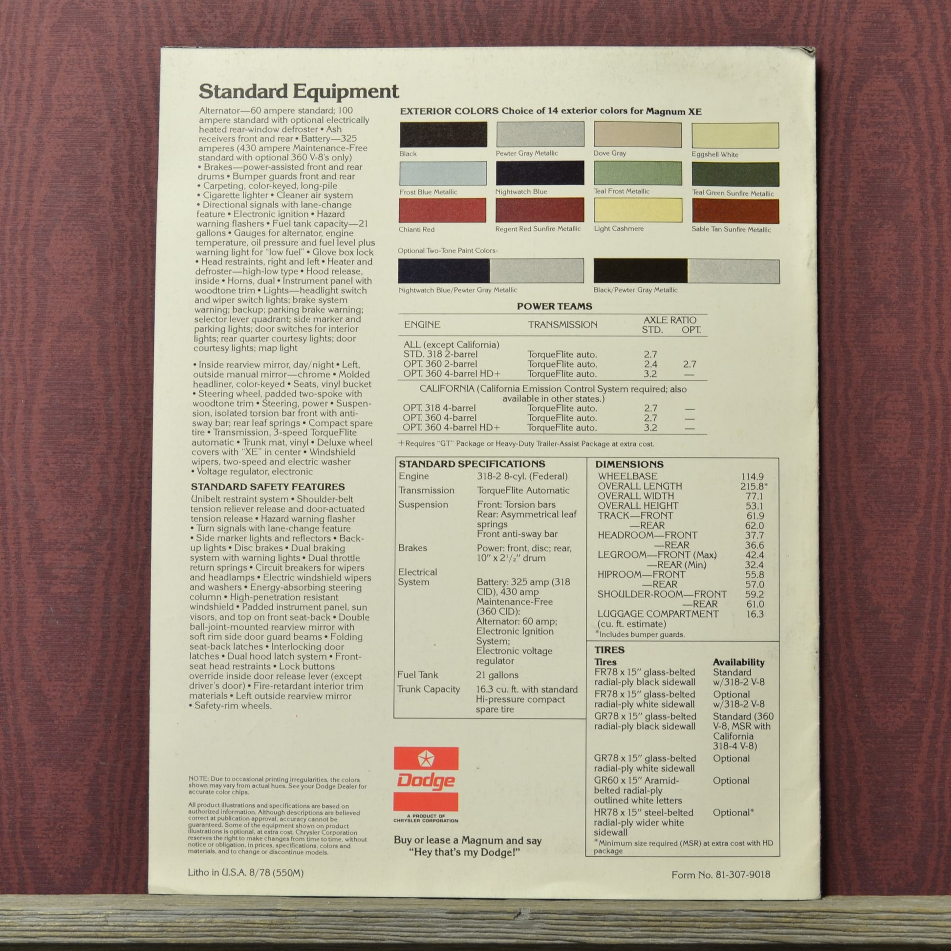 1979 Dodge Magnum XE brochure back page vehicle specification sheet 
