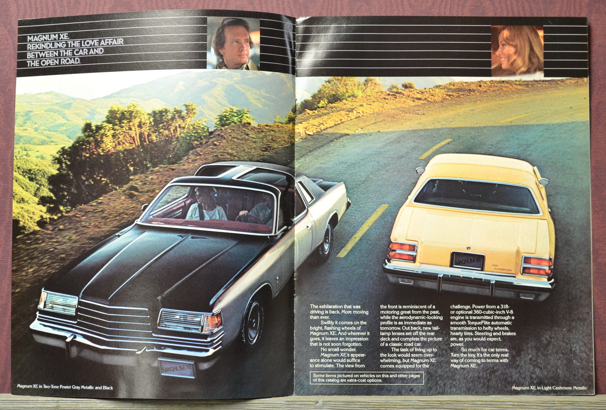 Open 1979 doge Magnum brochure interior pages showing a car on a road with scenic background