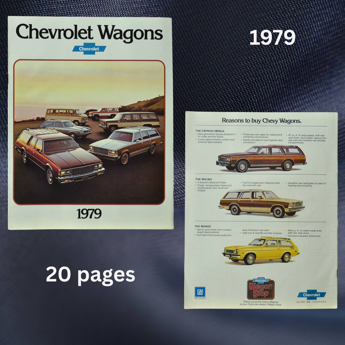 The front cover showcases the 1979 chevrolet wagon lineup at a country setting. The back cover displays information on the new Chevrolet caprice/impala, Malibu, and Monza wagons, including design changes and specifications.