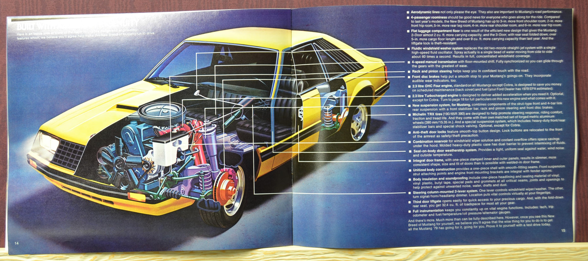 Mustang Foxbody cutaway image with new features Brochure Spread | John Barnes Collection