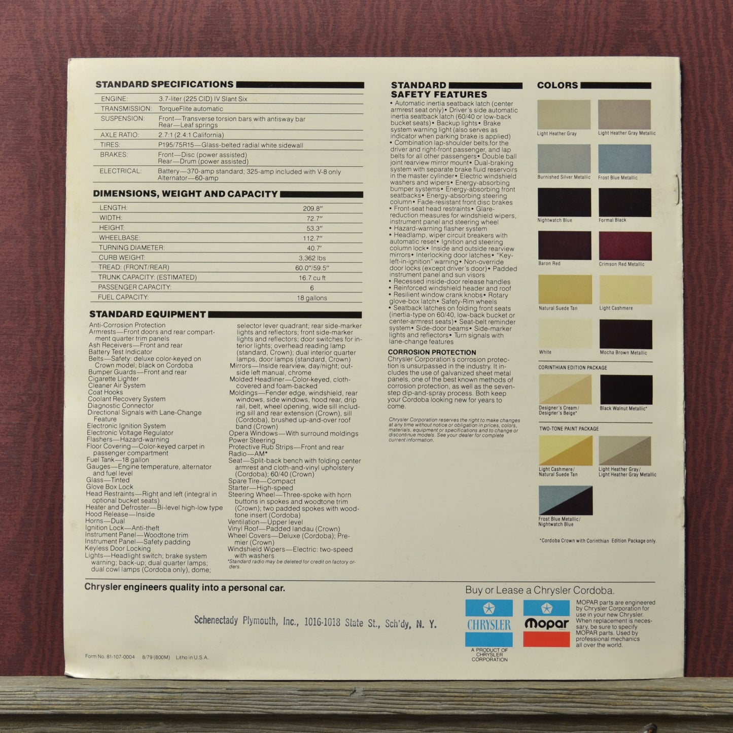 1980 chrysler cordoba brochure specifications color chart
