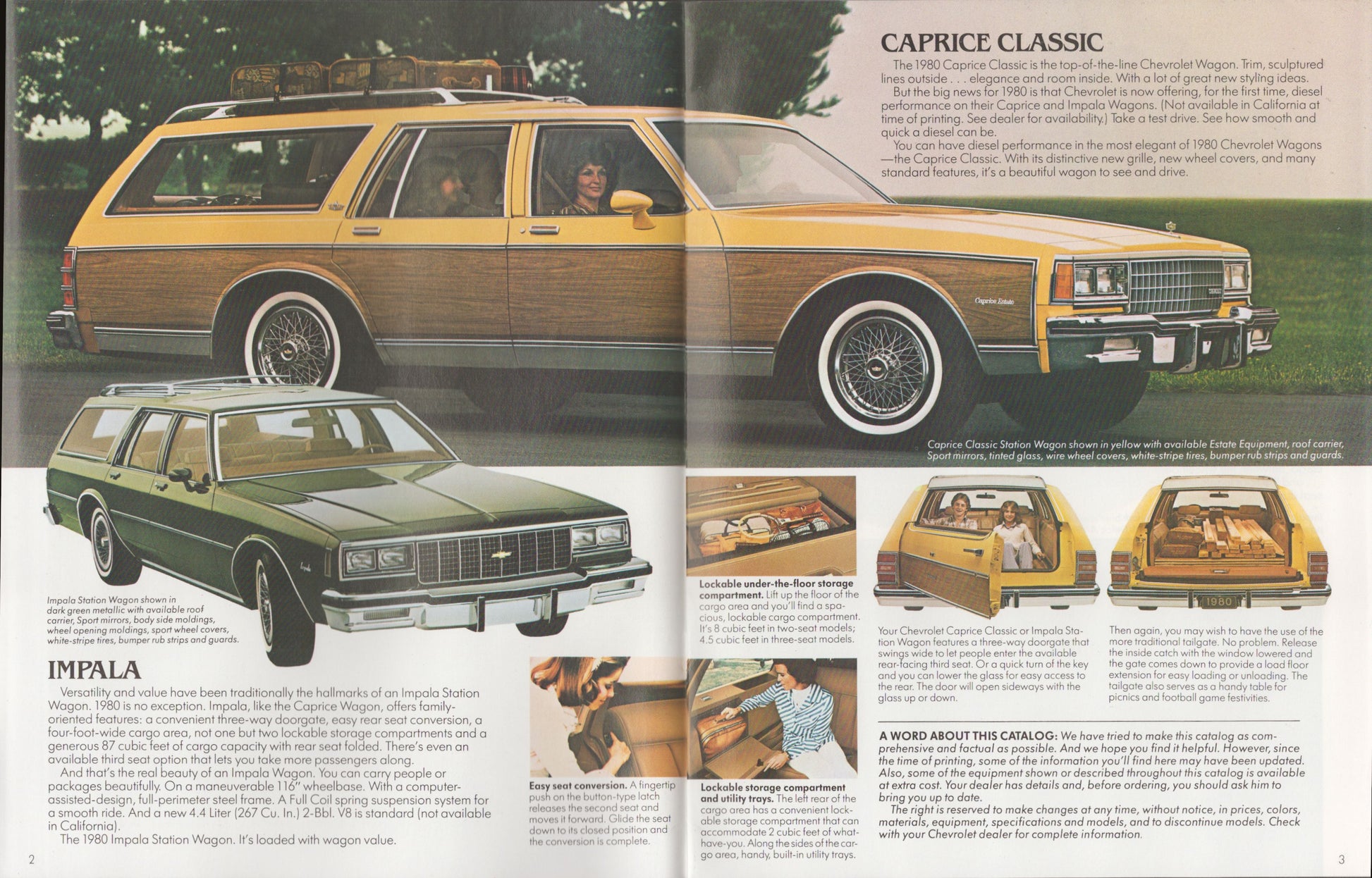 A vintage magazine spread featuring Chevrolet station wagons, including a large yellow and wood-paneled Caprice Classic and a green Impala station wagon, with text and small inset photos.