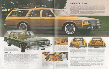 A vintage magazine spread featuring Chevrolet station wagons, including a large yellow and wood-paneled Caprice Classic and a green Impala station wagon, with text and small inset photos.