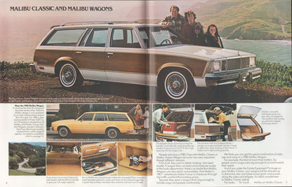 A vintage magazine spread featuring a Malibu Classic and Malibu Wagon station wagon, with a large photo of the brown and cream vehicle on a scenic road, smaller inset photos showing interior and trunk features, and printed text. No visible product brand logo is clearly legible.