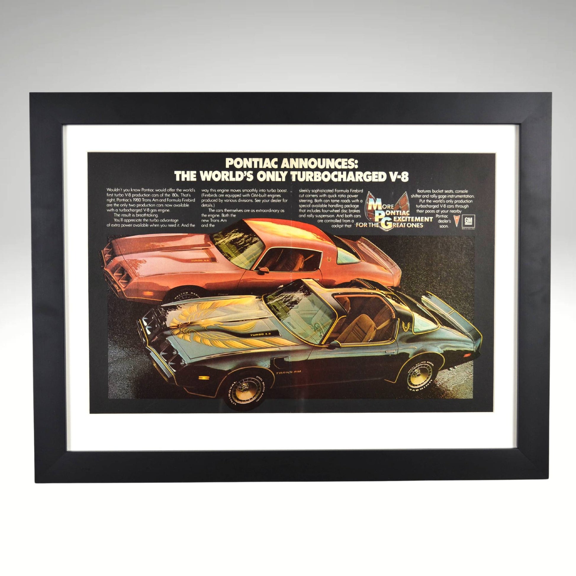 1980 Pontiac Firebird Trans Am & Formula framed print ad featuring the Turbo V8 engine, Screaming Chicken hood decal, and Pontiac muscle car styling.

