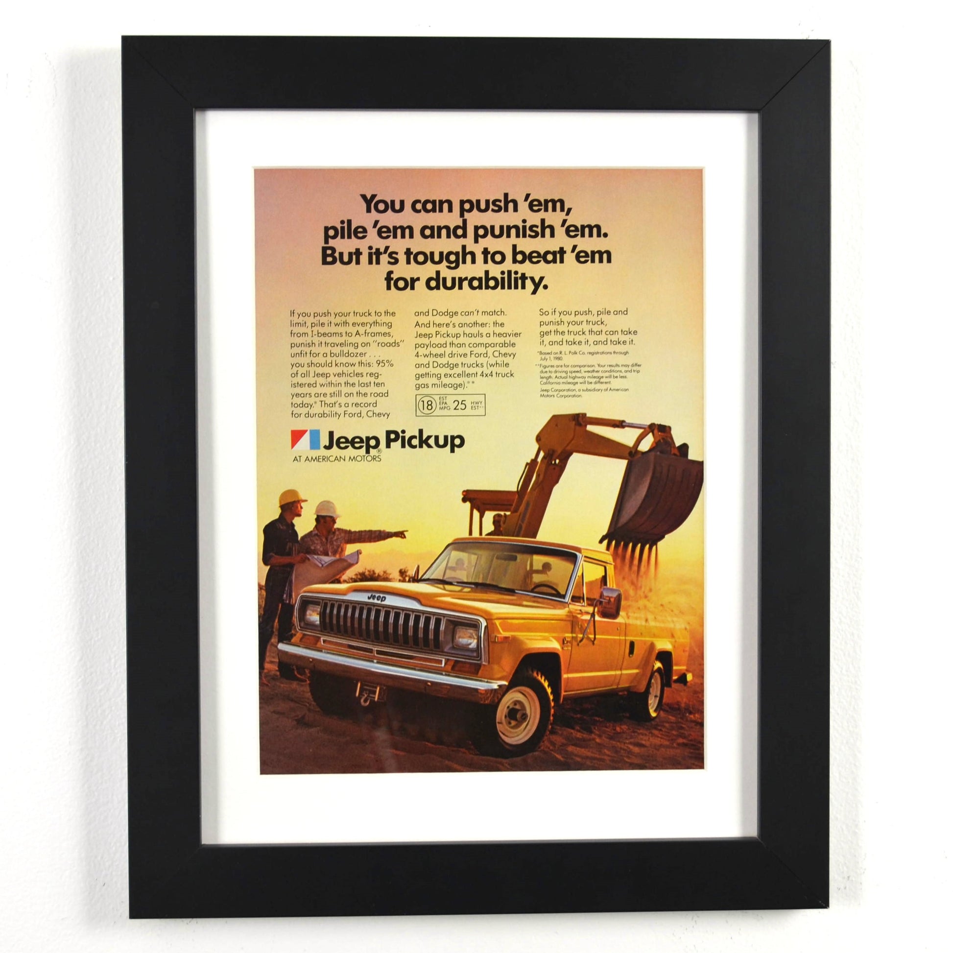 Framed 1980 Jeep Pickup print ad with yellow truck and construction site – vintage Jeep wall art with new frame, mat, and glass