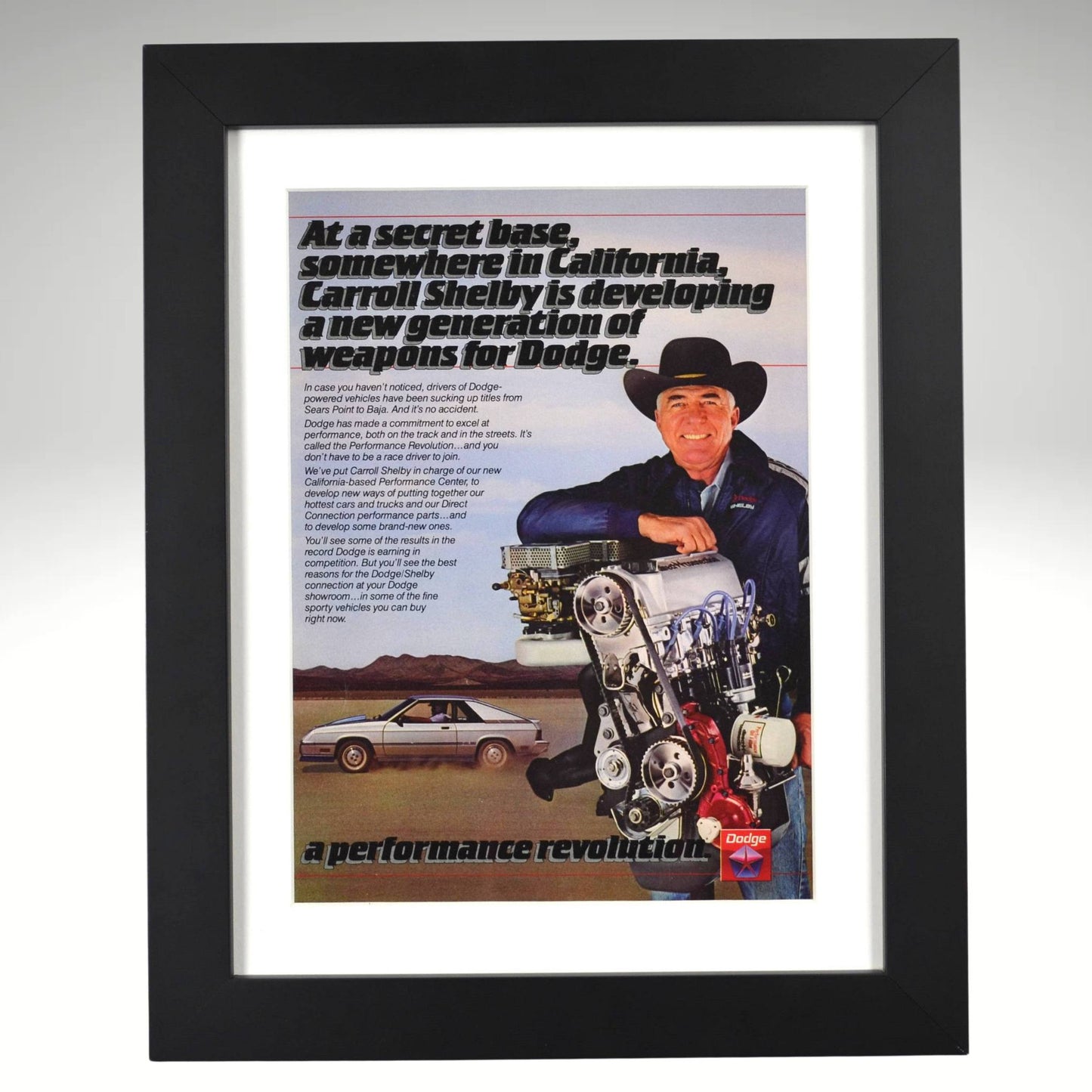1980s Carroll Shelby Dodge turbo performance ad framed 12x15 print
