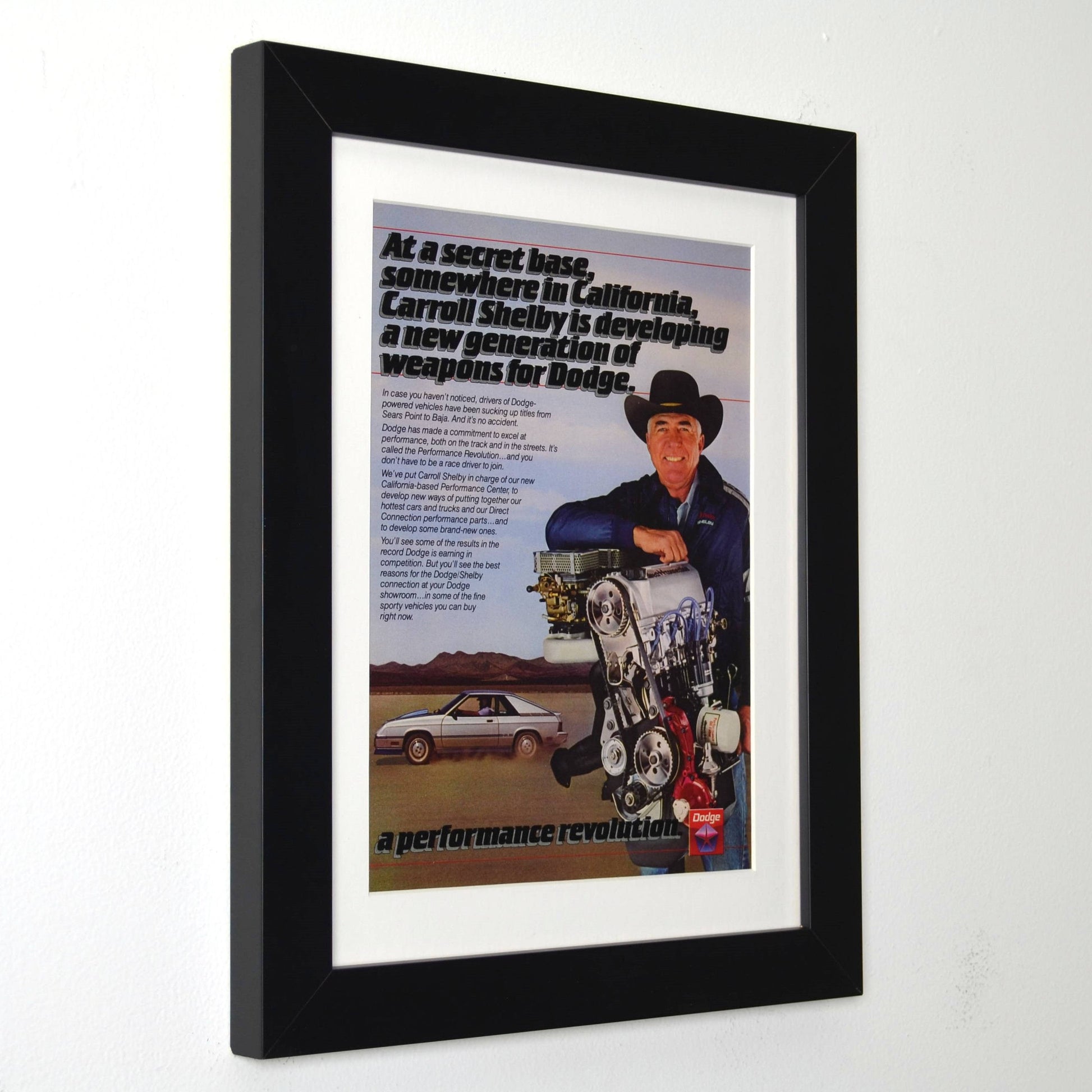 1980s Carroll Shelby Dodge turbo performance ad framed 12x15 print side view