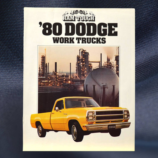 1980 Dodge Work Trucks brochure cover with yellow pickup in industrial setting
