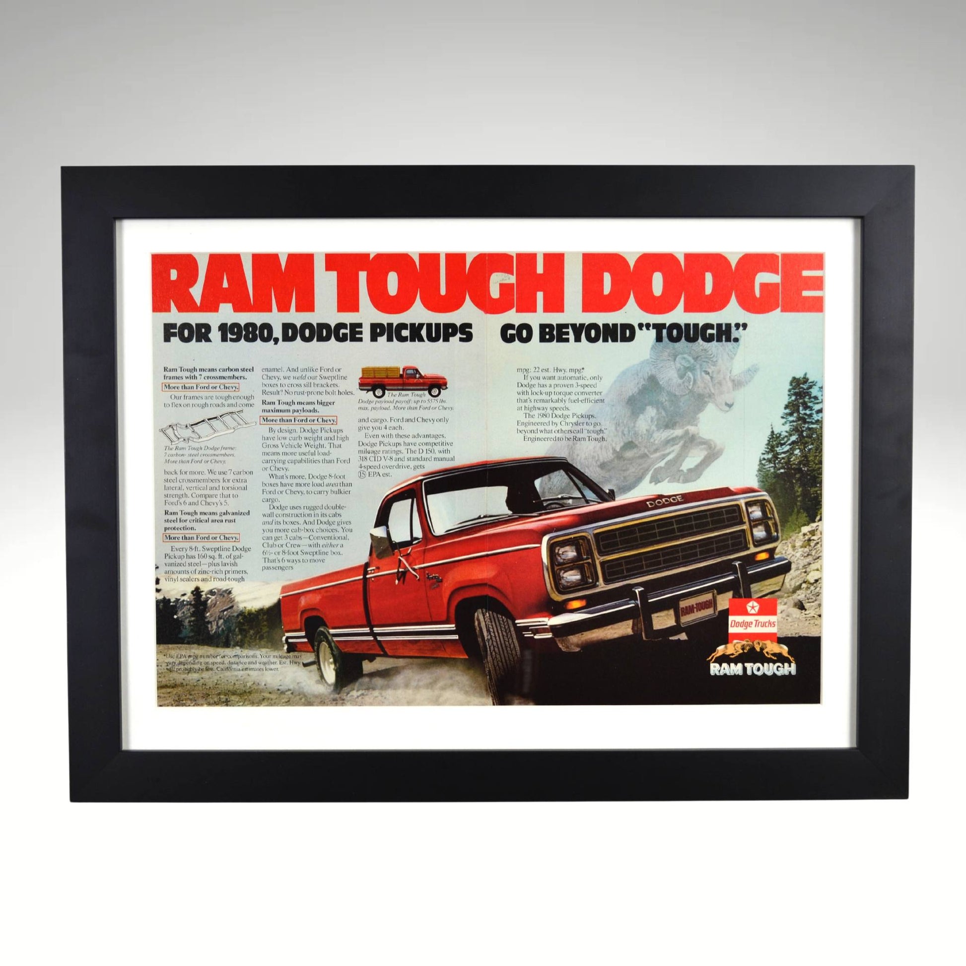 1980 Dodge Ram Tough framed print ad featuring vintage Mopar pickup truck styling, bold red Dodge design, and Ram Tough branding.