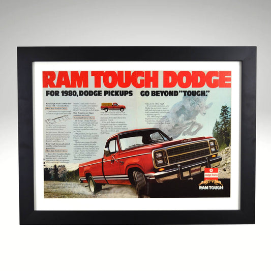 1980 Dodge Ram Tough framed print ad featuring vintage Mopar pickup truck styling, bold red Dodge design, and Ram Tough branding.