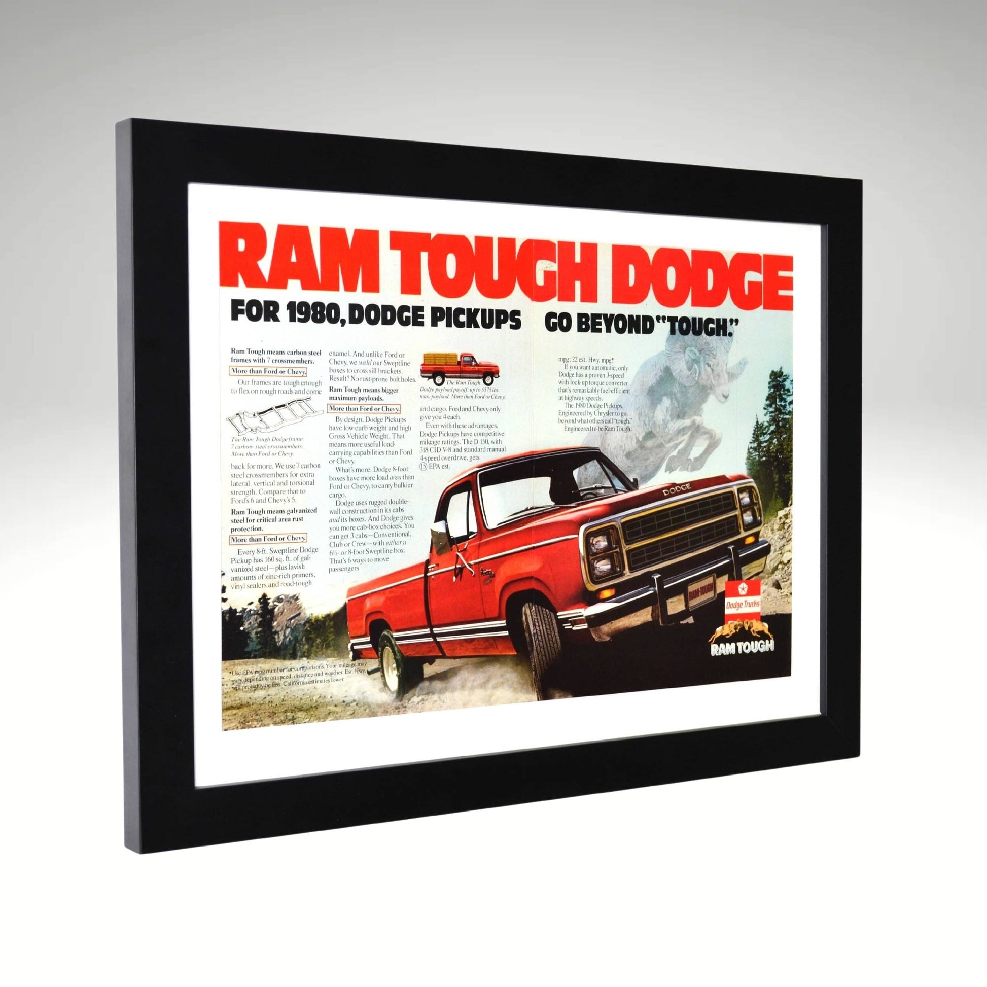 side view of red 1980 Dodge Ram Tough framed print ad featuring vintage Mopar pickup truck styling, bold red Dodge design, and Ram Tough branding.