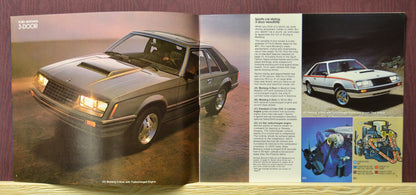 Interior pages of the 1980 Ford Mustang dealer brochure, showing the 3 door model with unique graphics and styling options