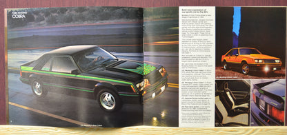 Interior pages of the 1980 Ford Mustang dealer brochure, showing the Cobra model with unique graphics and styling options