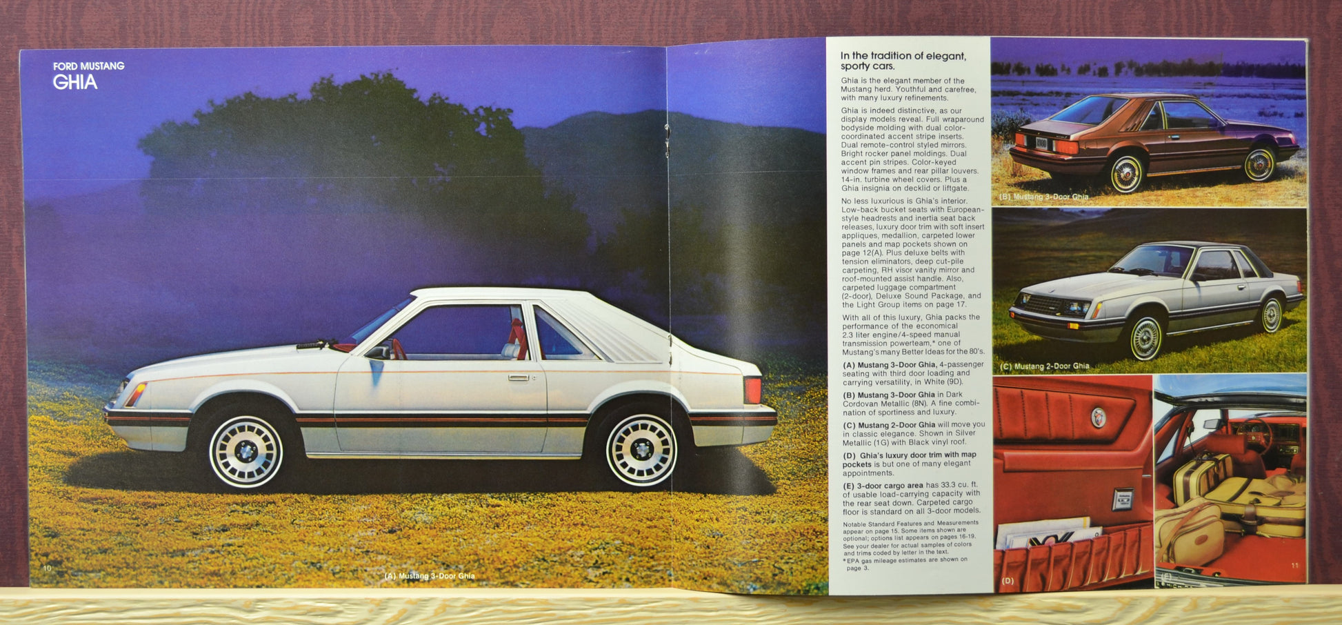 Interior pages of the 1980 Ford Mustang dealer brochure, showing the Ghia models with elegant options