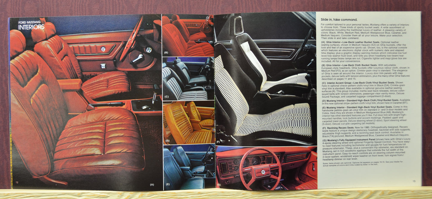 Interior pages of the 1980 Ford Mustang dealer brochure, showing the interiors and colors