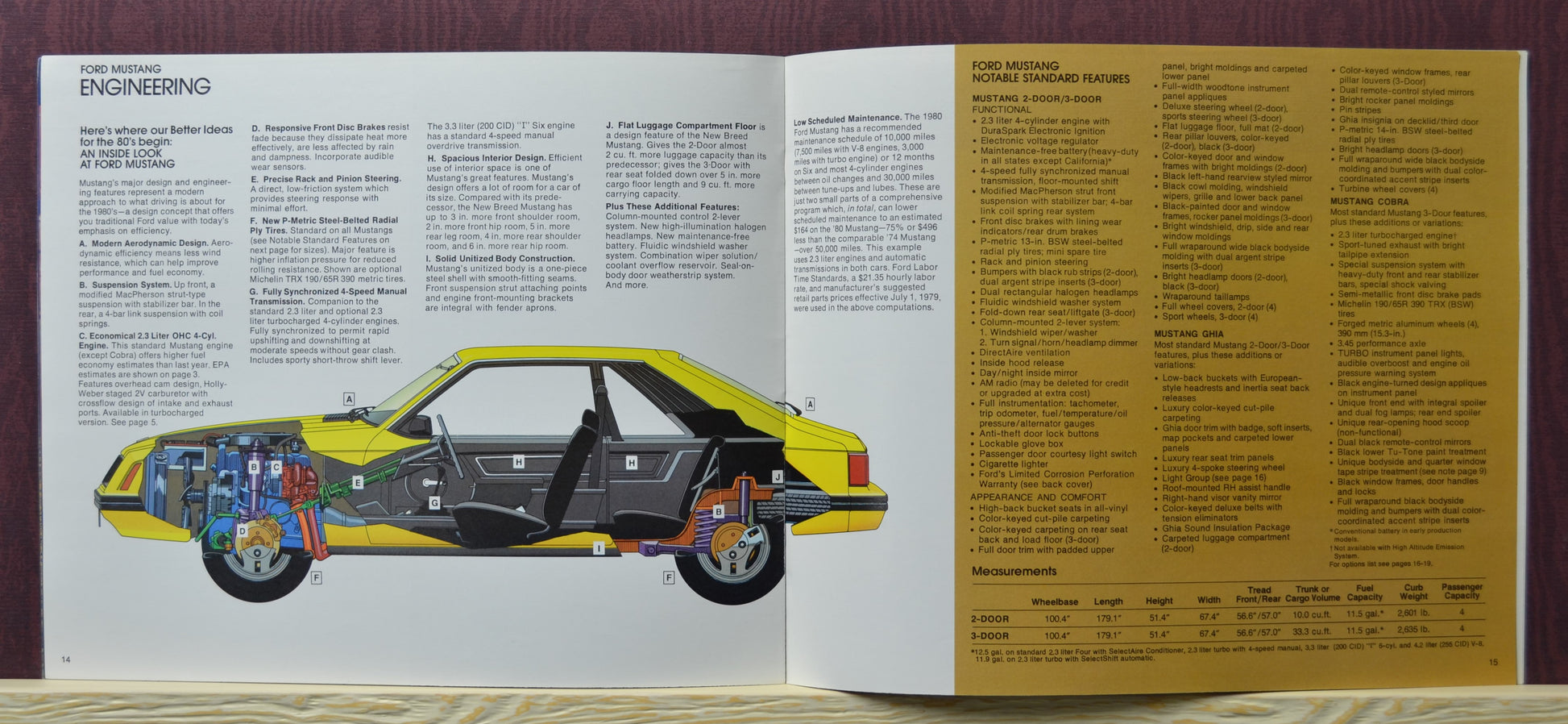 Interior pages of the 1980 Ford Mustang dealer brochure, showing the engineering and standard features