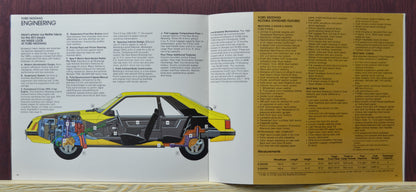 Interior pages of the 1980 Ford Mustang dealer brochure, showing the engineering and standard features