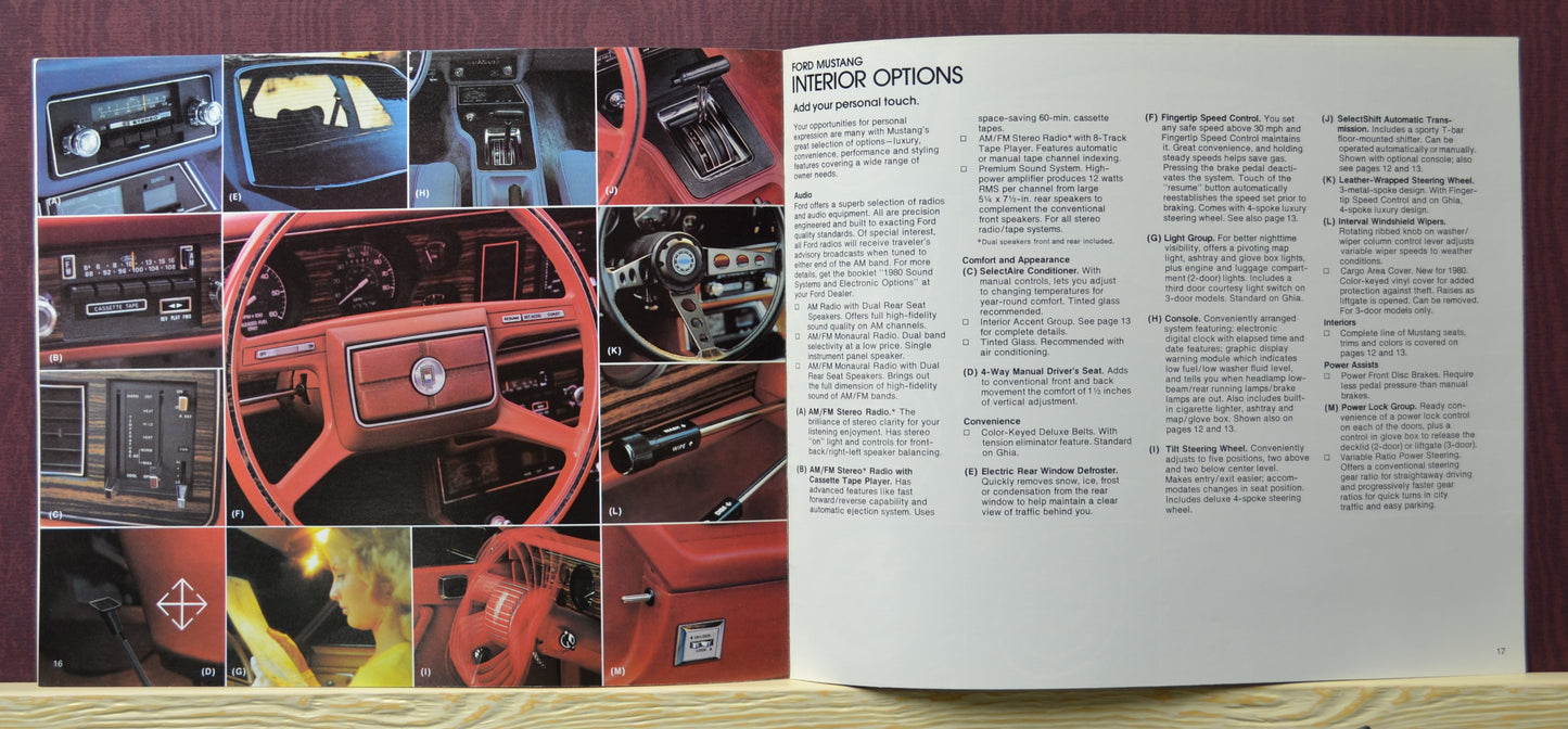 Interior pages of the 1980 Ford Mustang dealer brochure, showing the Interior options