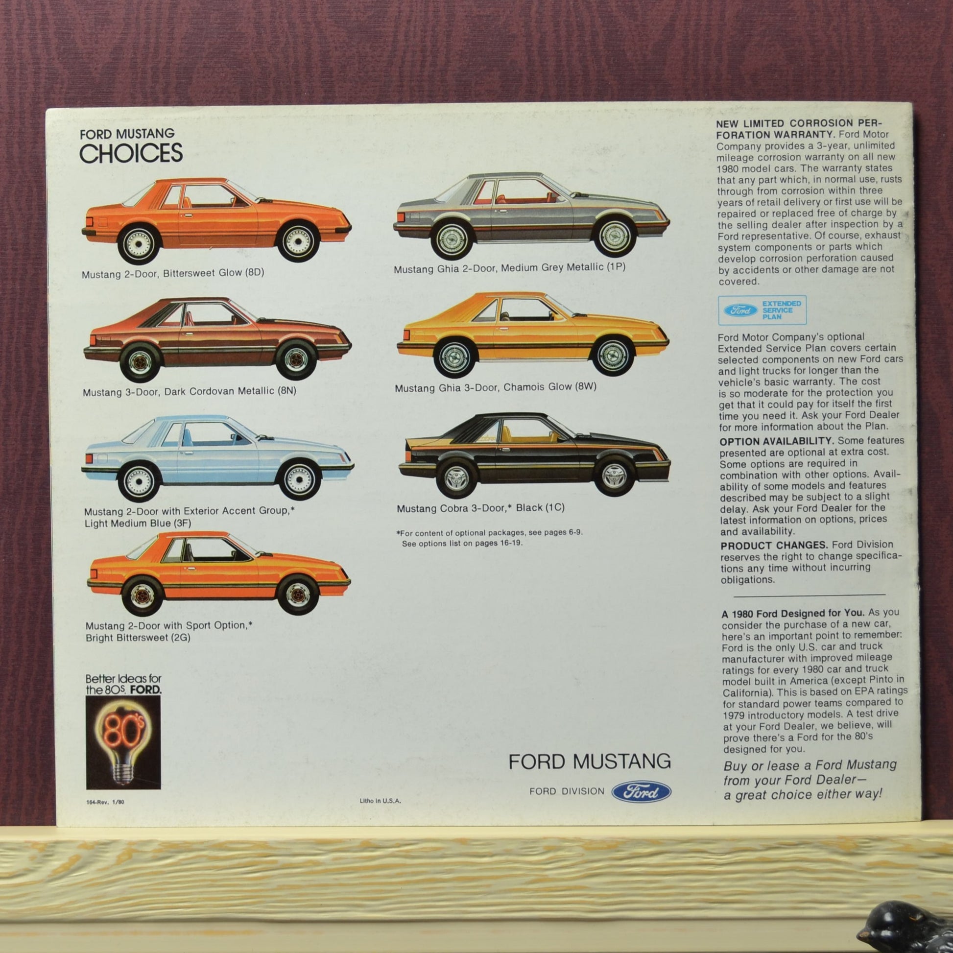 Back cover of the 1980 Ford Mustang dealer brochure, highlighting trim options and model variations for the Foxbody Mustang